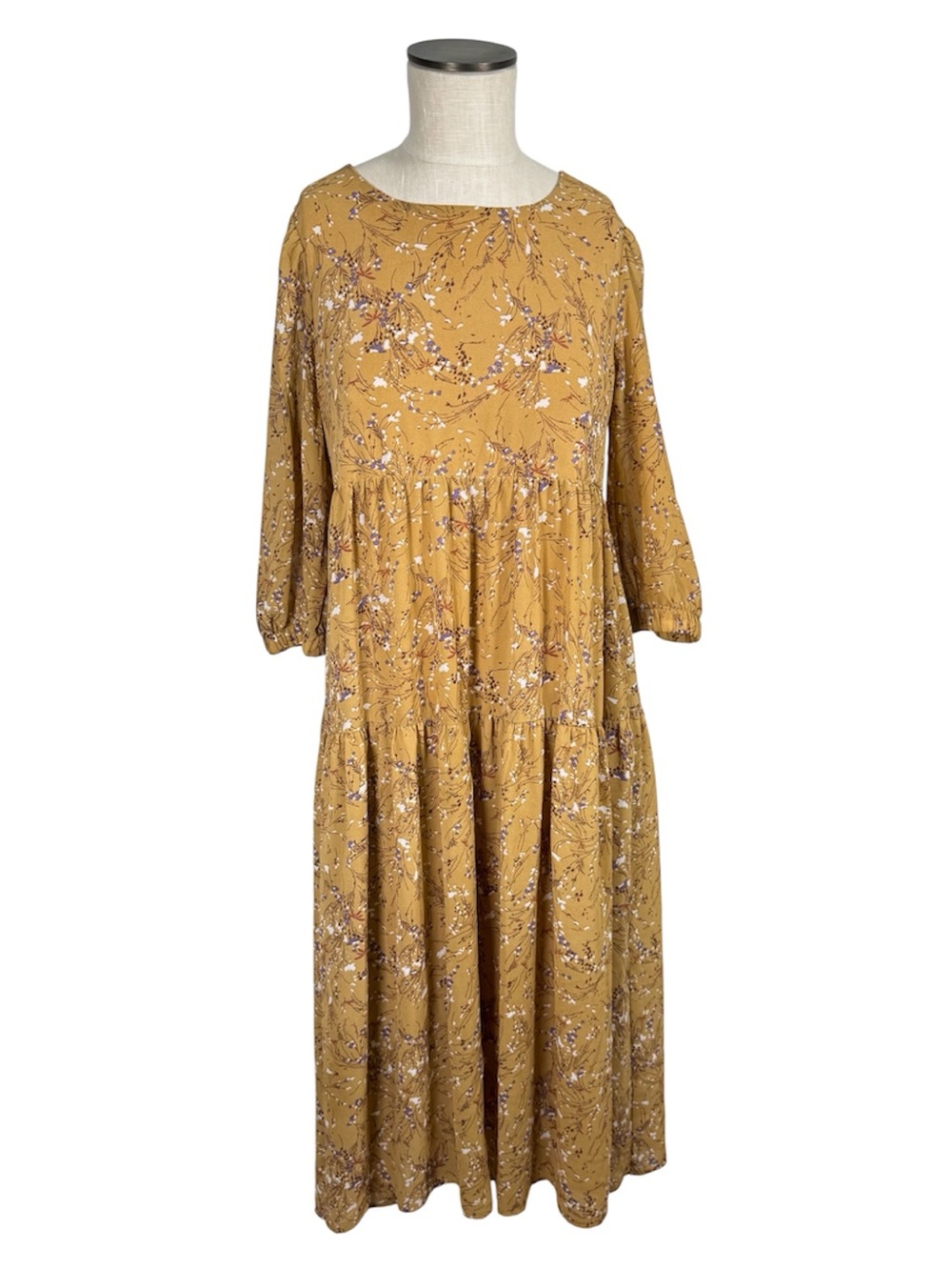 Code x Mode Tiered Floral Mustard Yellow Long Sleeve Boho Midi Dress Sz XS